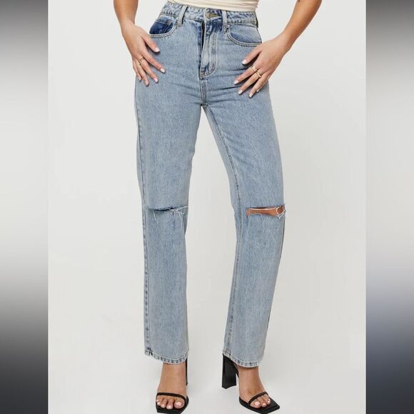 Princess Polly Denim - Princess Poly Women’s 8 Ripped‎ Knee Straight Leg Jeans Light Distressed Denim